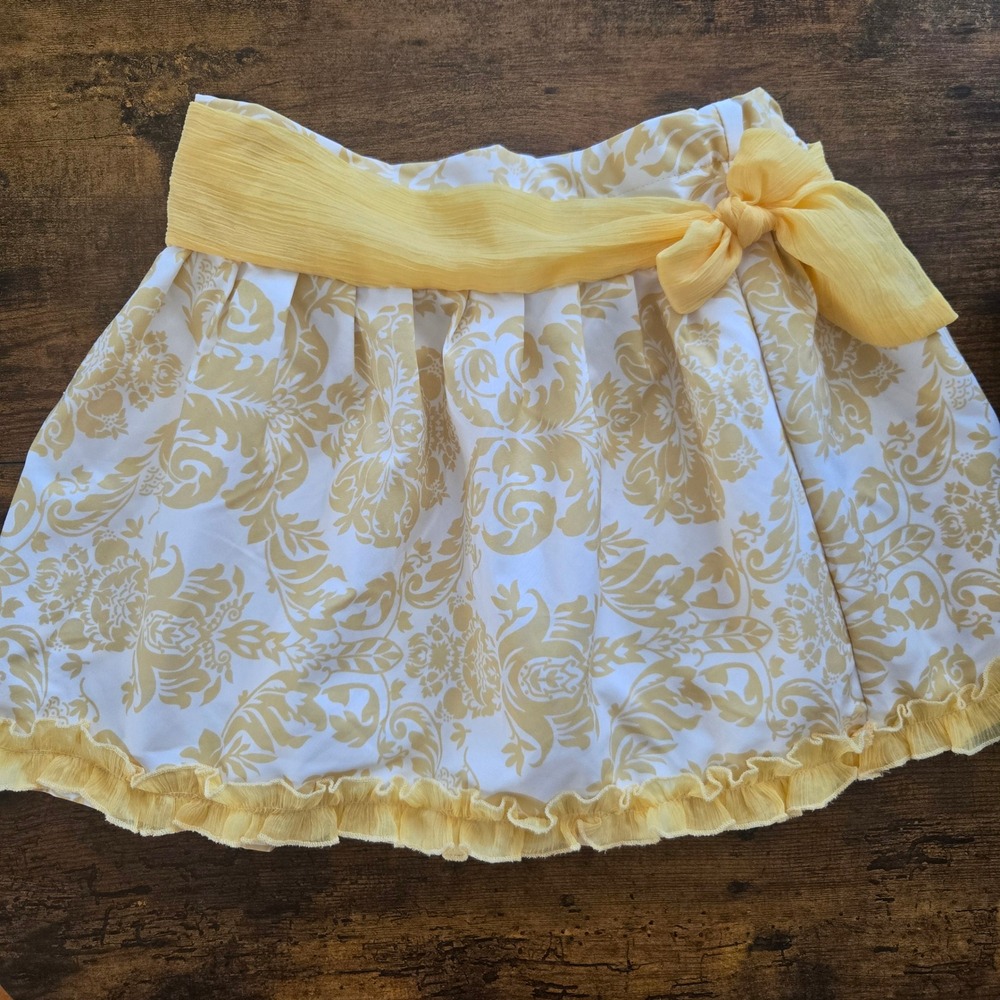 Trish Scully Girls Yellow White Damask Print Pleated Skirt with Chiffon Bow 5T‎